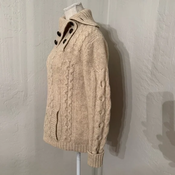 Vintage By Pops Women's Ivory Wool Cable Knit Button Up Collar Pull Over Sweater - Picture 2 of 14